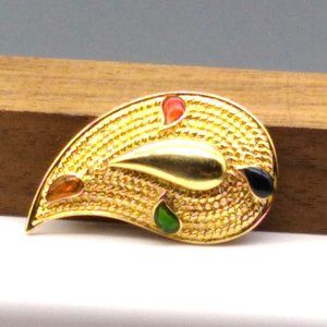 Vintage Avon Paisley Brooch in Gold Tone with Colorful Enamel Dots